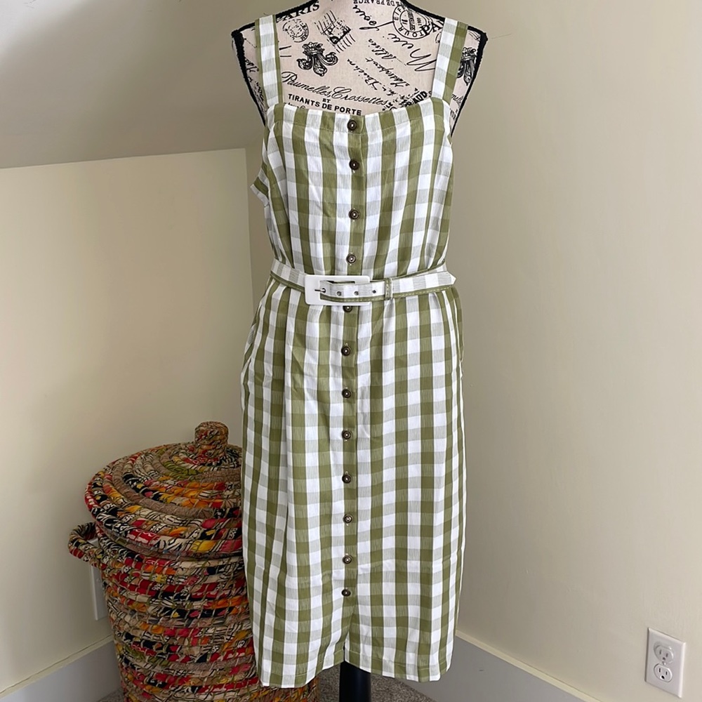 NWT ModCloth Past But Not Least Green Belted Gingham Dress SZ L - Picture 1 of 14